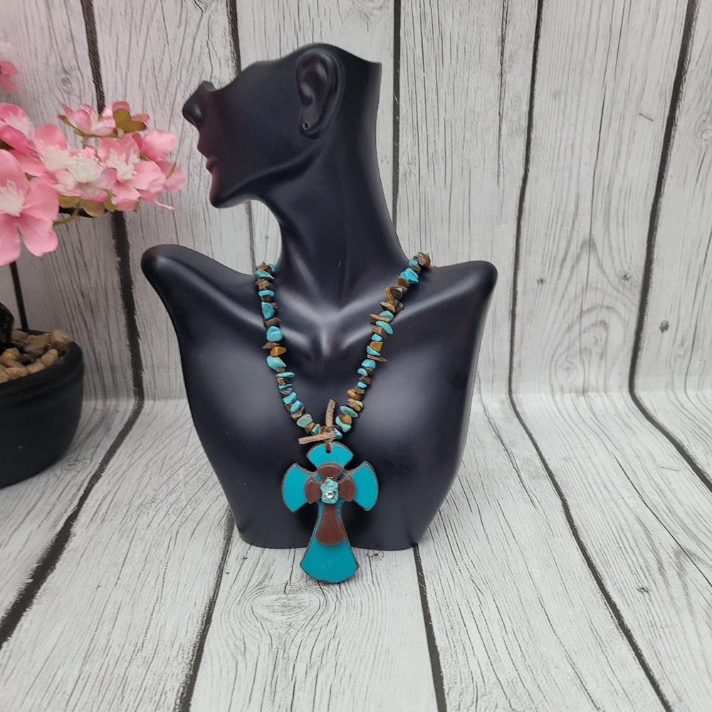 Handcrafted Turquoise and Brown Beaded Stone Necklace with Cross Pendant